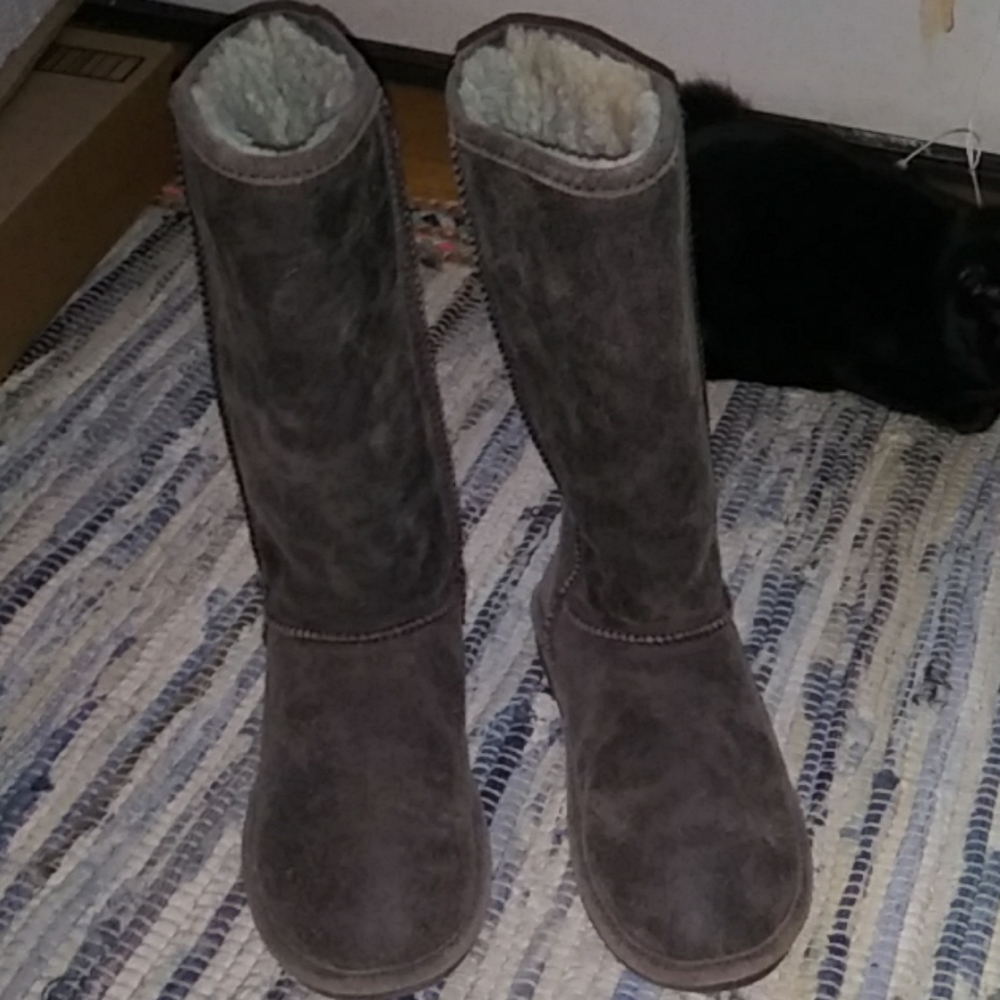 Brown distressed leather bearpaw boots